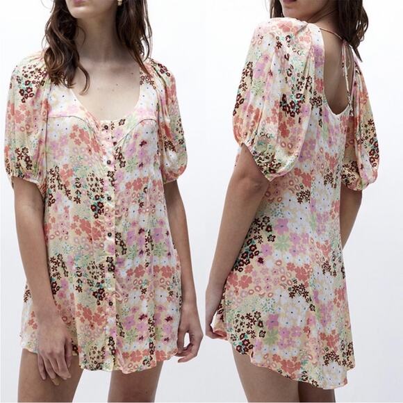 Free People FP Callie Floral Print Tunic Mini Dress in Vintage Combo XS - Picture 1 of 9